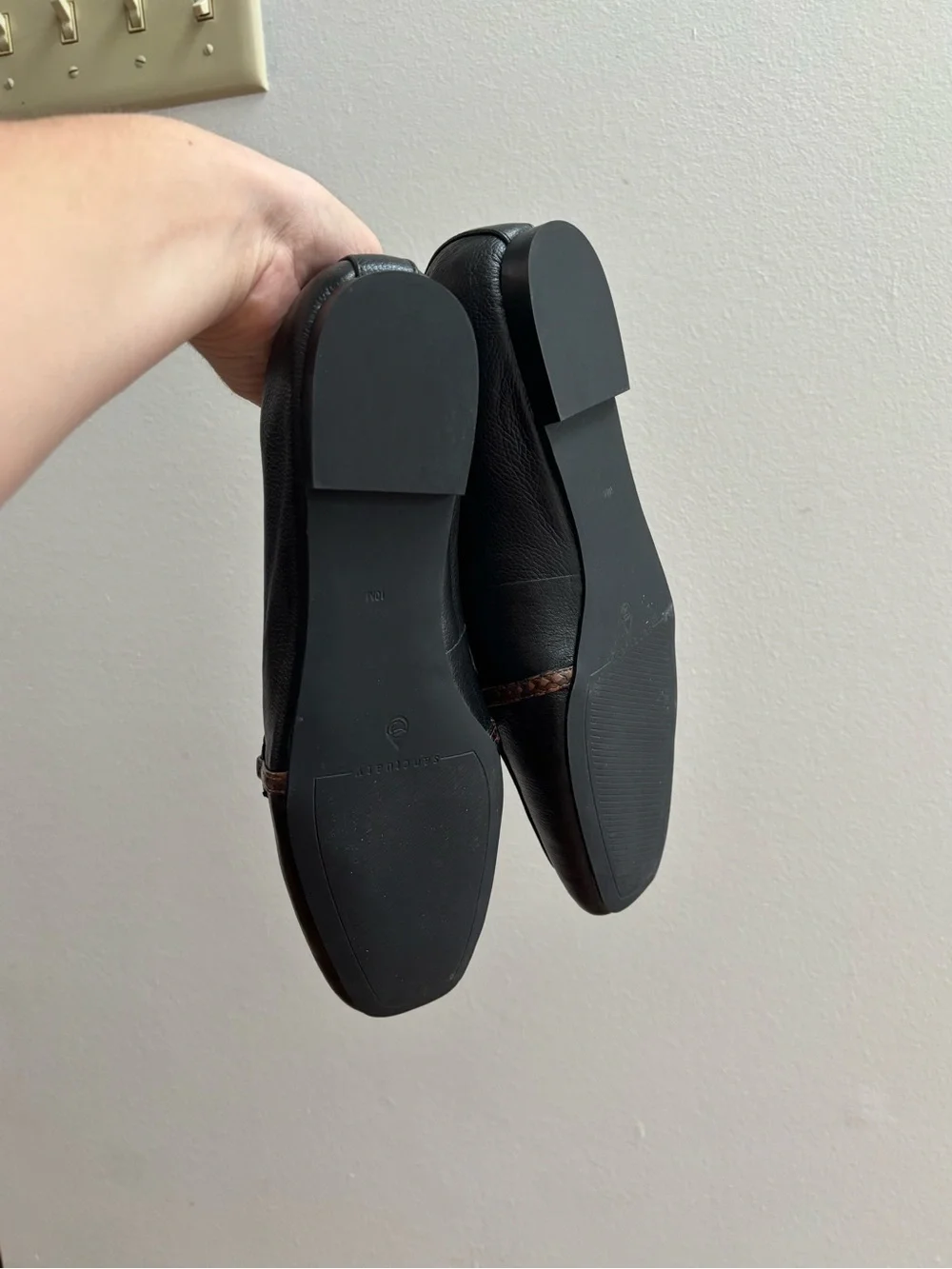 Sanctuary Black Slip on Loafers with Brown Buckles